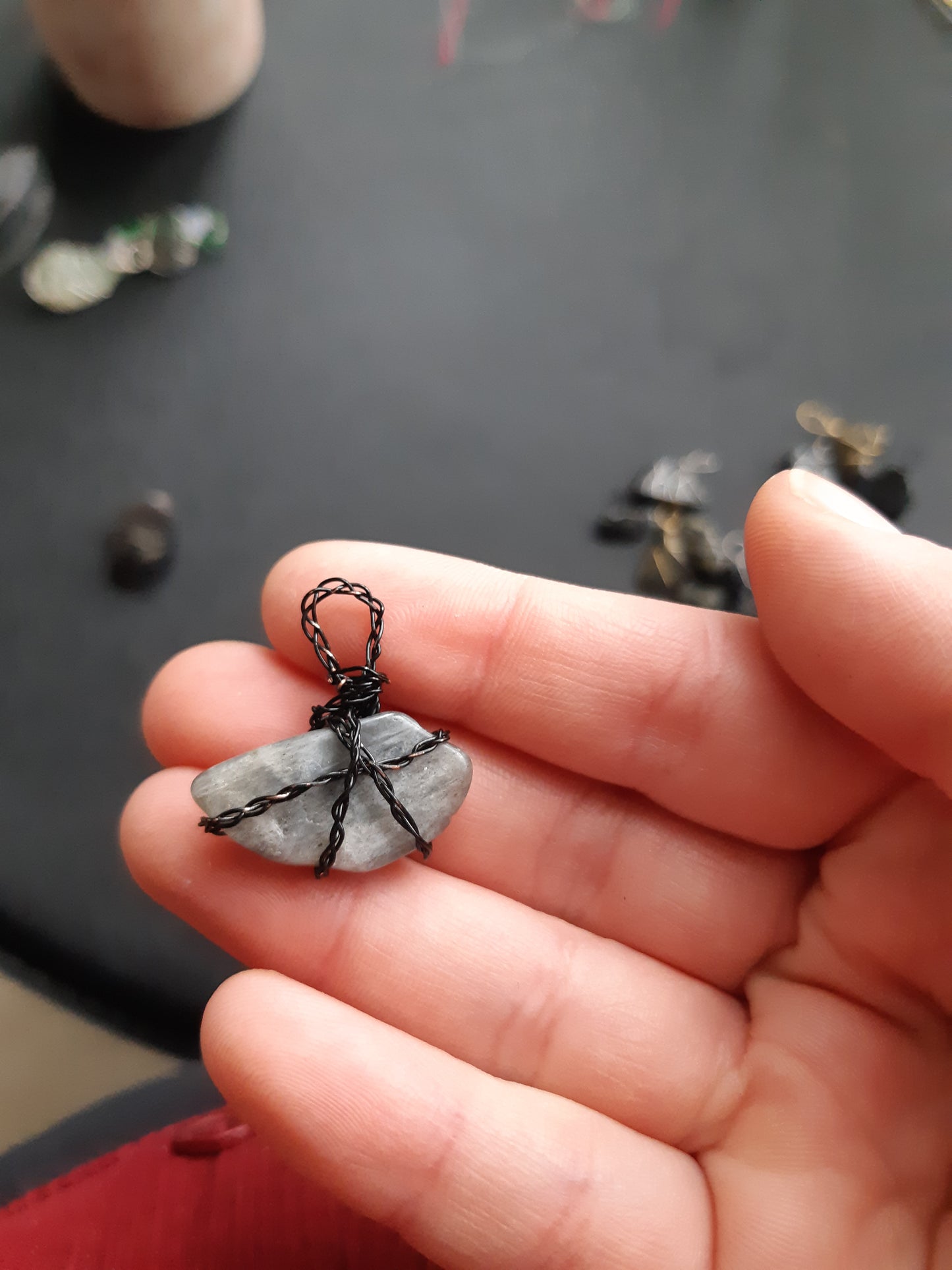 Larvakite wire wrapped pendants