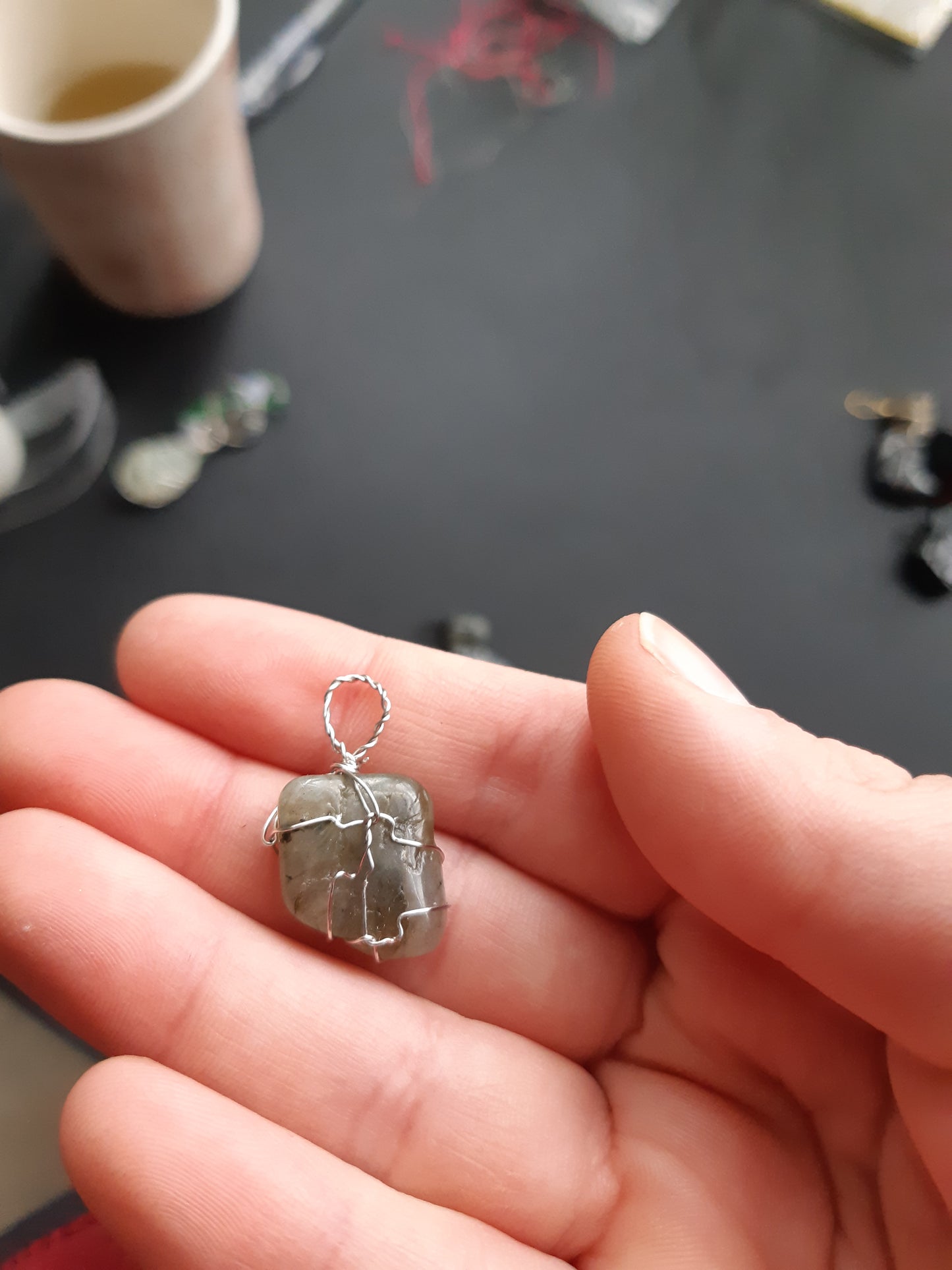 Larvakite wire wrapped pendants